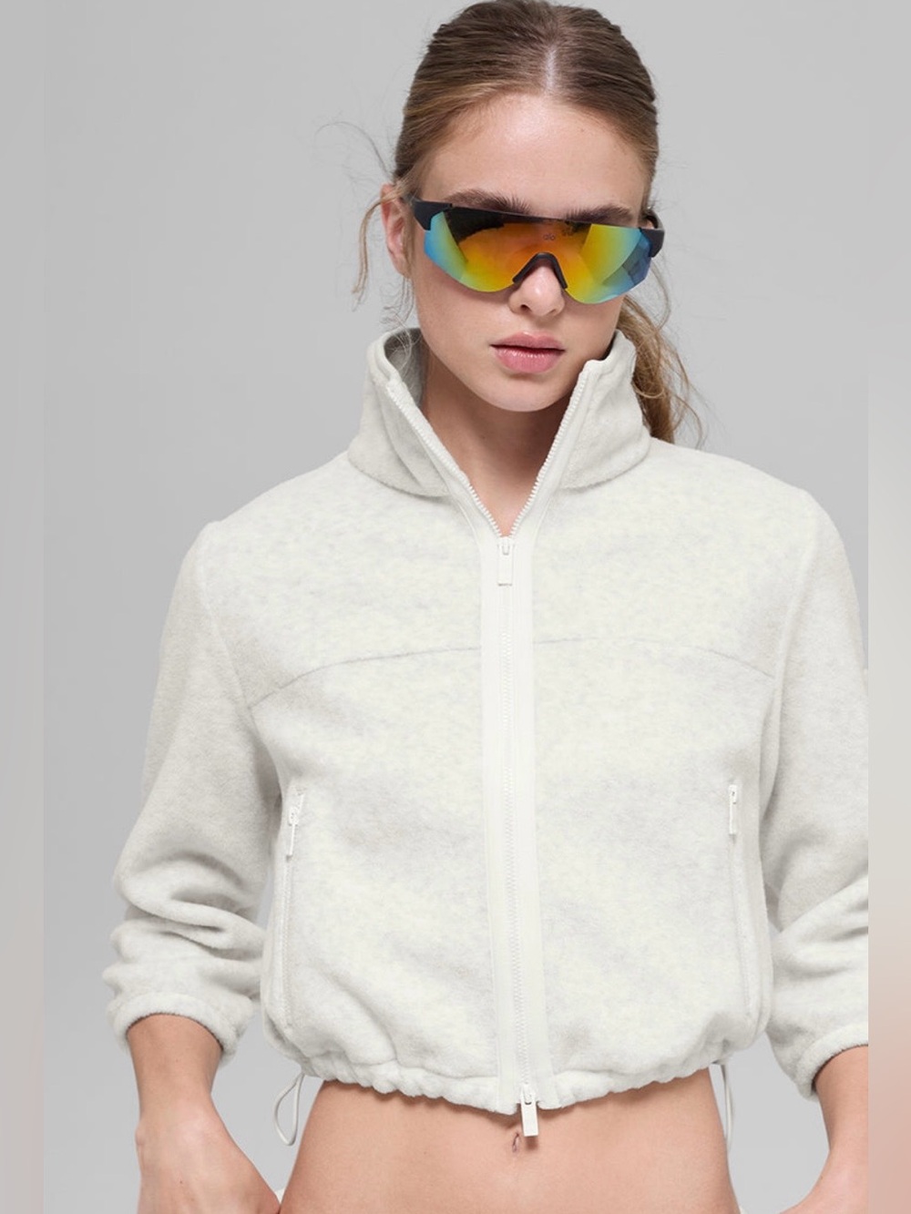 ALO Yoga Jacket Polar Fleece Retreat Cropped Jacket - White Heather Grey M